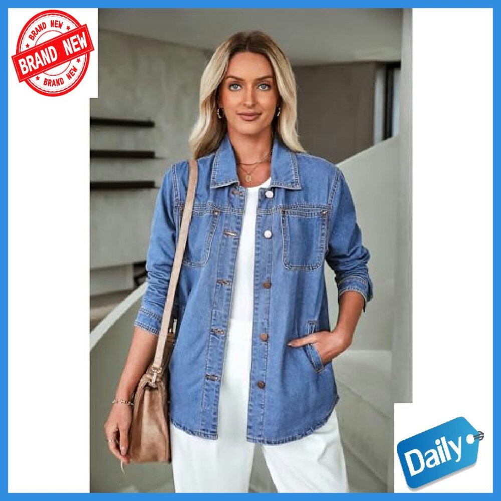 Denim Shacket Button Down Jacket with Pockets Rel… - image 5